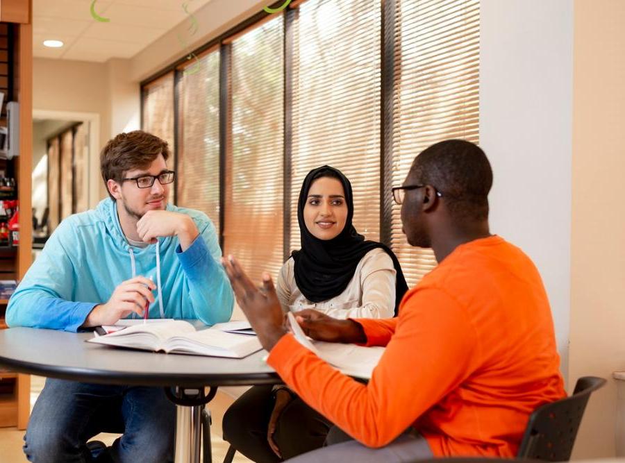 Students working together at the College of Business